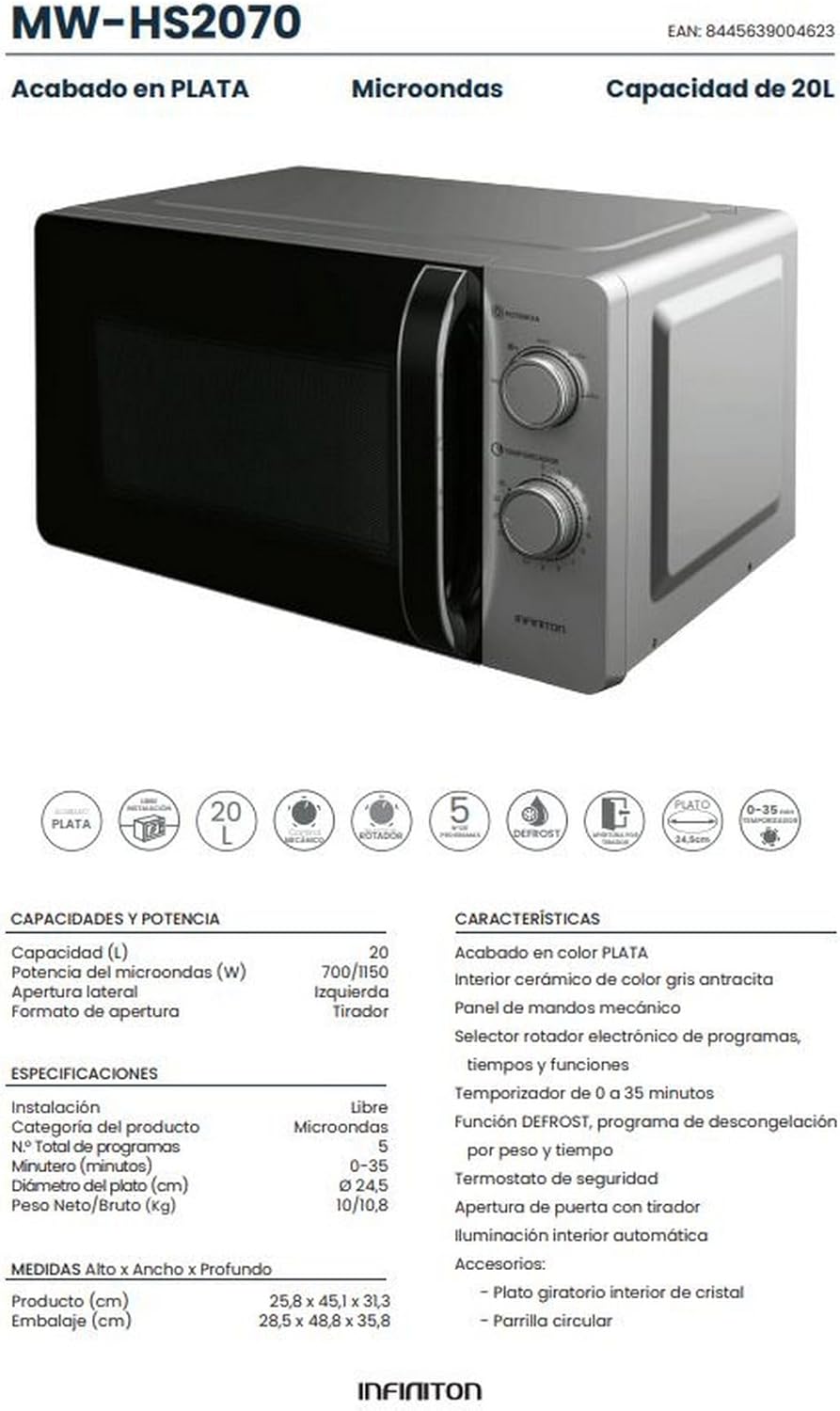 Infiniton MW-HS2070 Mikrowelle, 20 Liter, 700 W, Timer von 0 bis 35 Minuten, DEFROST-Funktion, Türöf