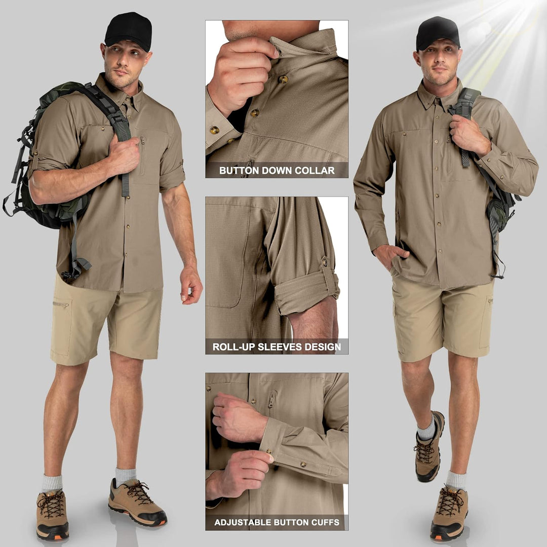 33,000ft Safari Hemd Herren Langarm Sportshemd UPF50+ UV Schutz Funktionshemd Atmungsaktiv Button-Do