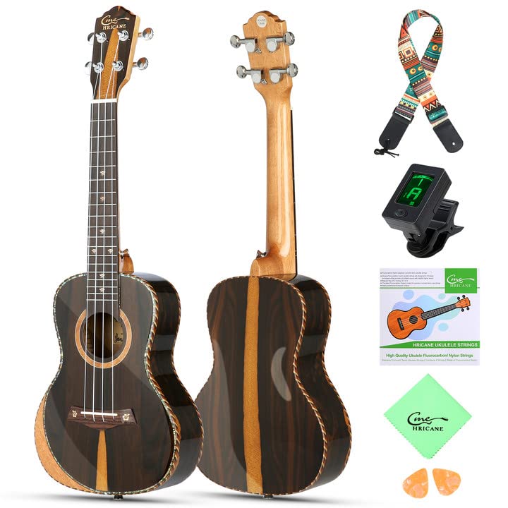 Hricane Konzert-Ukulele Ziricote 23 Zoll Profi Hawaii Ukulelen für Anfänger mit Gigbag Strap Strings