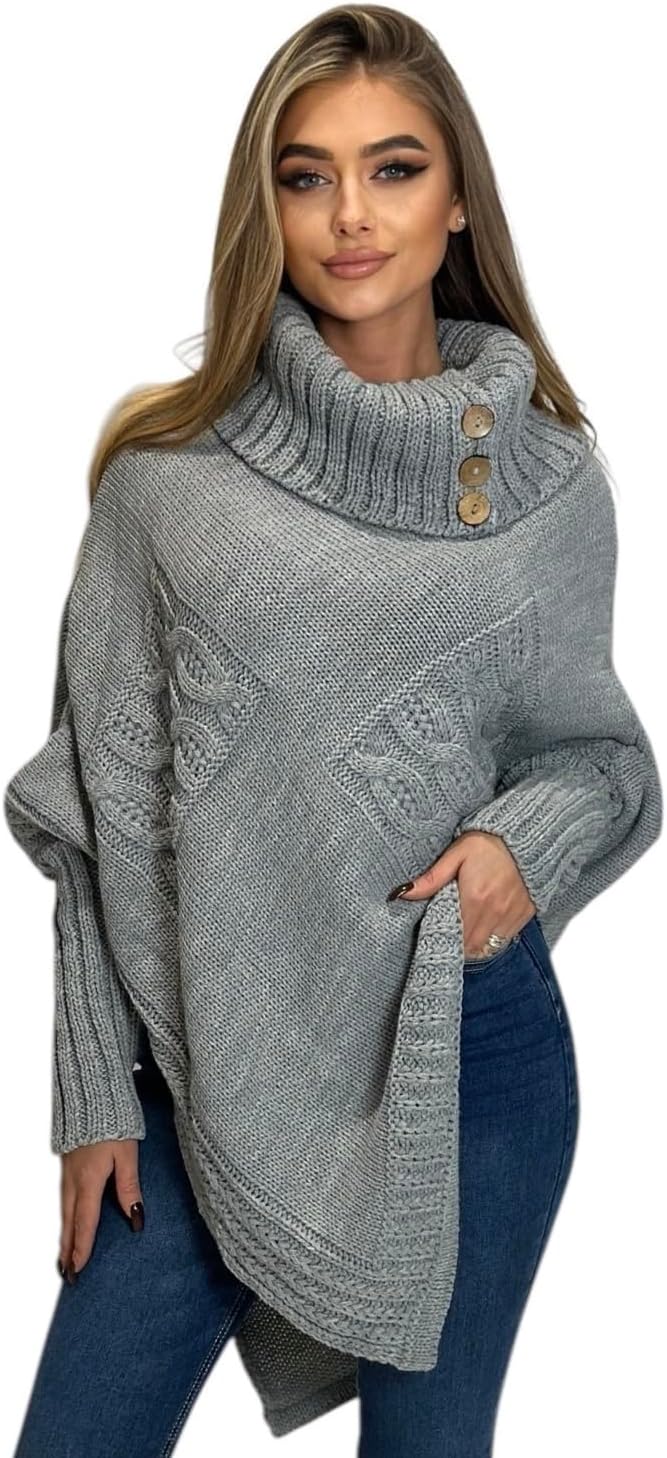 Mississhop Poncho Strick Sweatshirt Pullover Umhang Überwurf Einheitsgrösse Grau, Einheitsgrösse Gra