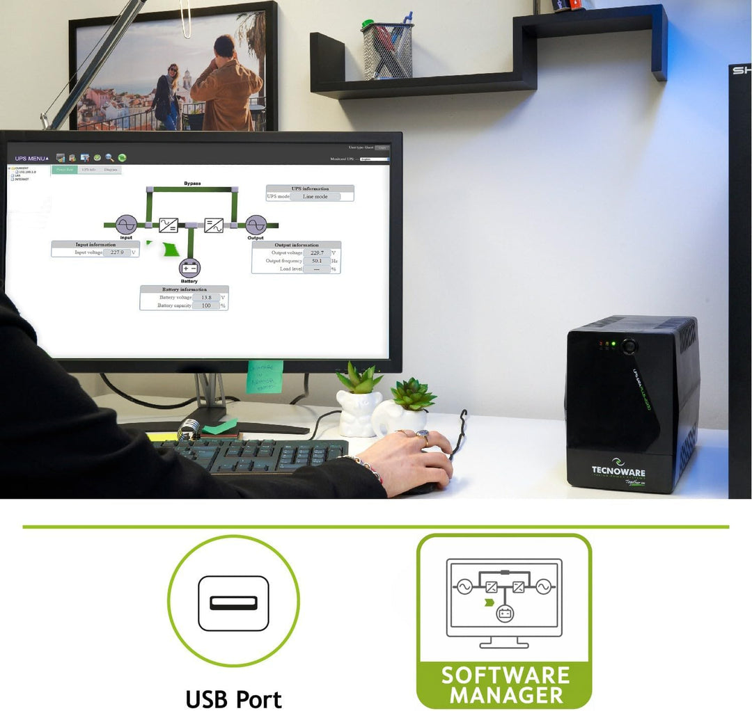 Tecnoware UPS 2000VA für PC/Modem, NICHT für Gaming/Konsole, ERA PLUS USV, 6 IEC, Software, Schutz v