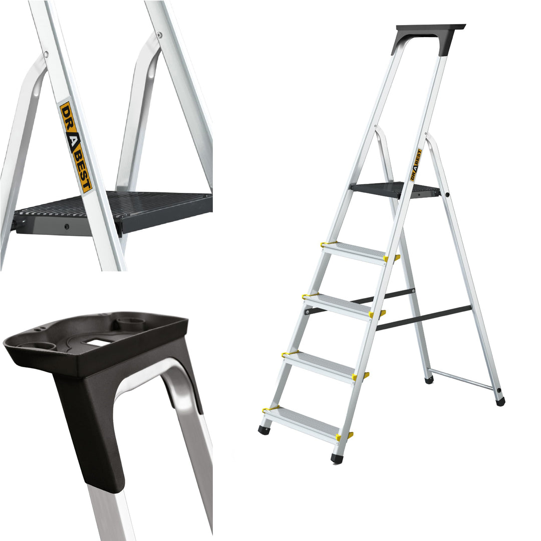 DRABEST Leiter PRO Serie Trittleiter Alu Leiter 5 Stufig Klappbar Stufenleiter mit Ablage Haushaltsl