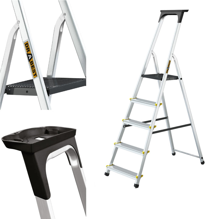 DRABEST Leiter PRO Serie Trittleiter Alu Leiter 5 Stufig Klappbar Stufenleiter mit Ablage Haushaltsl