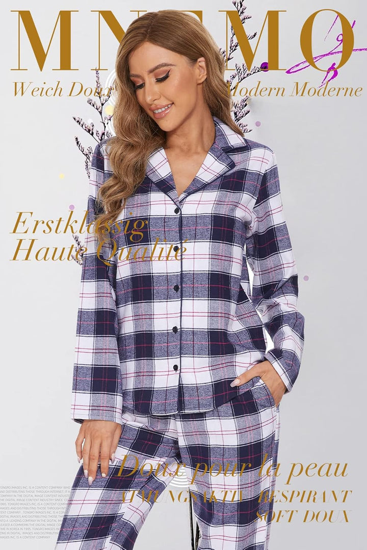 Mnemo Home Damen Schlafanzug Lang Flanell Pyjama Damen 100% Baumwolle aus Flanell Blau &amp; Weiss XL, B