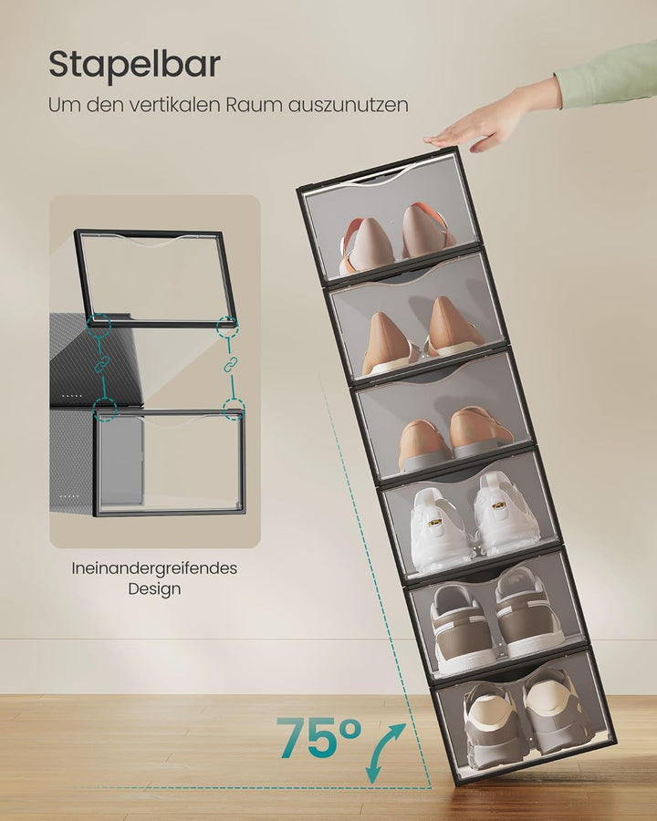 SONGMICS Schuhboxen, Schuh-Organizer aus Kunststoff, mit Tür, durchsichtig, 12er Set, stapelbar, ein