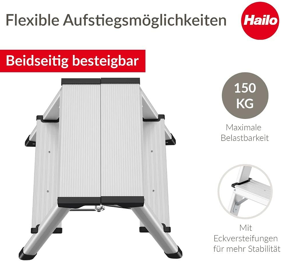 Hailo L90 Step-ke - Doppelstufen-Alu-Klapptritt mit Klappsperre - 2-stufiger Klapptritt inkl. Soft-G