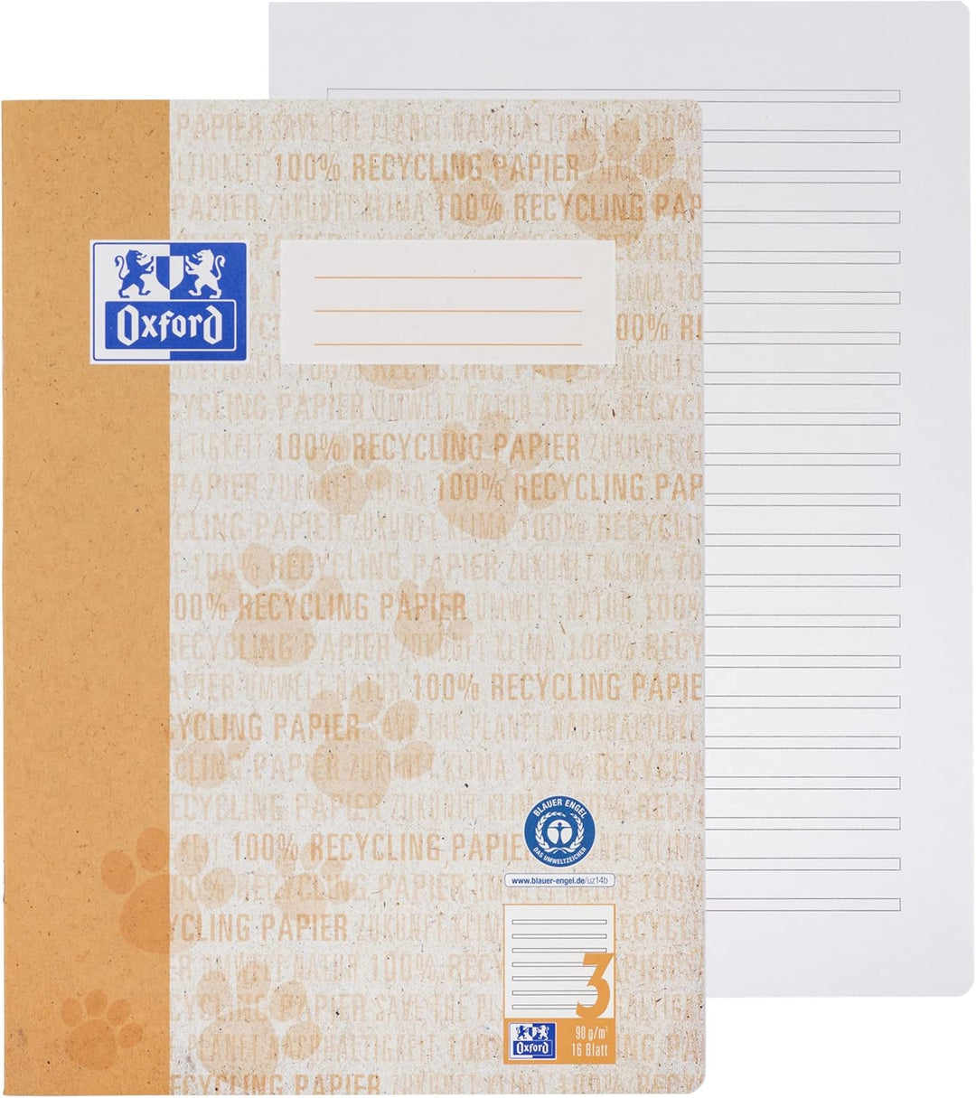 Oxford Schulheft A4 Recycling, 16 Blatt, Lineatur 3, liniert, 15 Stück