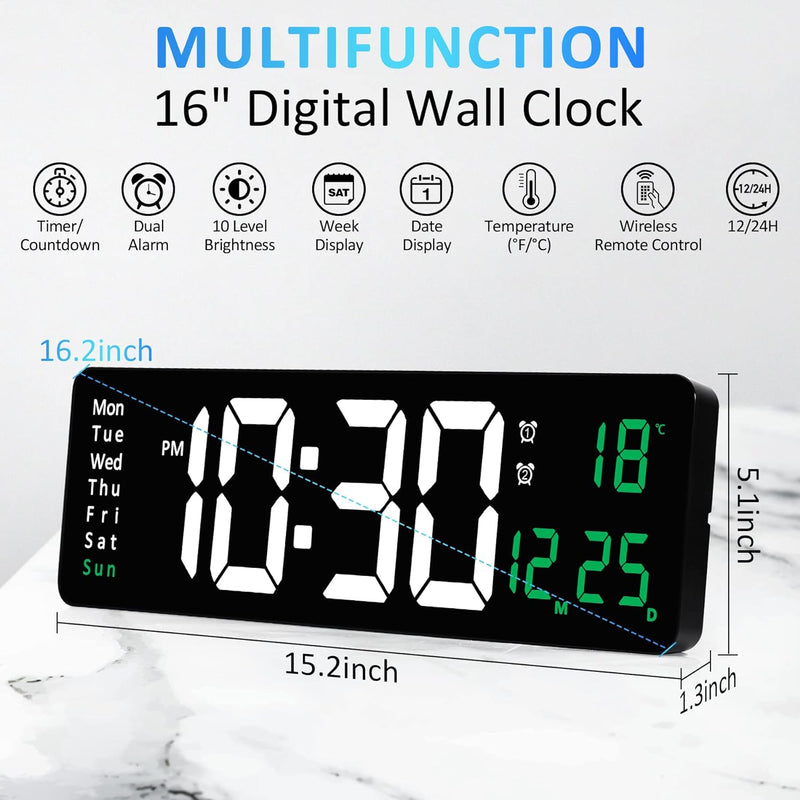 Wanduhr, 16" Wanduhr Gross Modern, Digitale Wanduhr mit Fernbedienung,Wanduhr Digital Lautlos mit 10