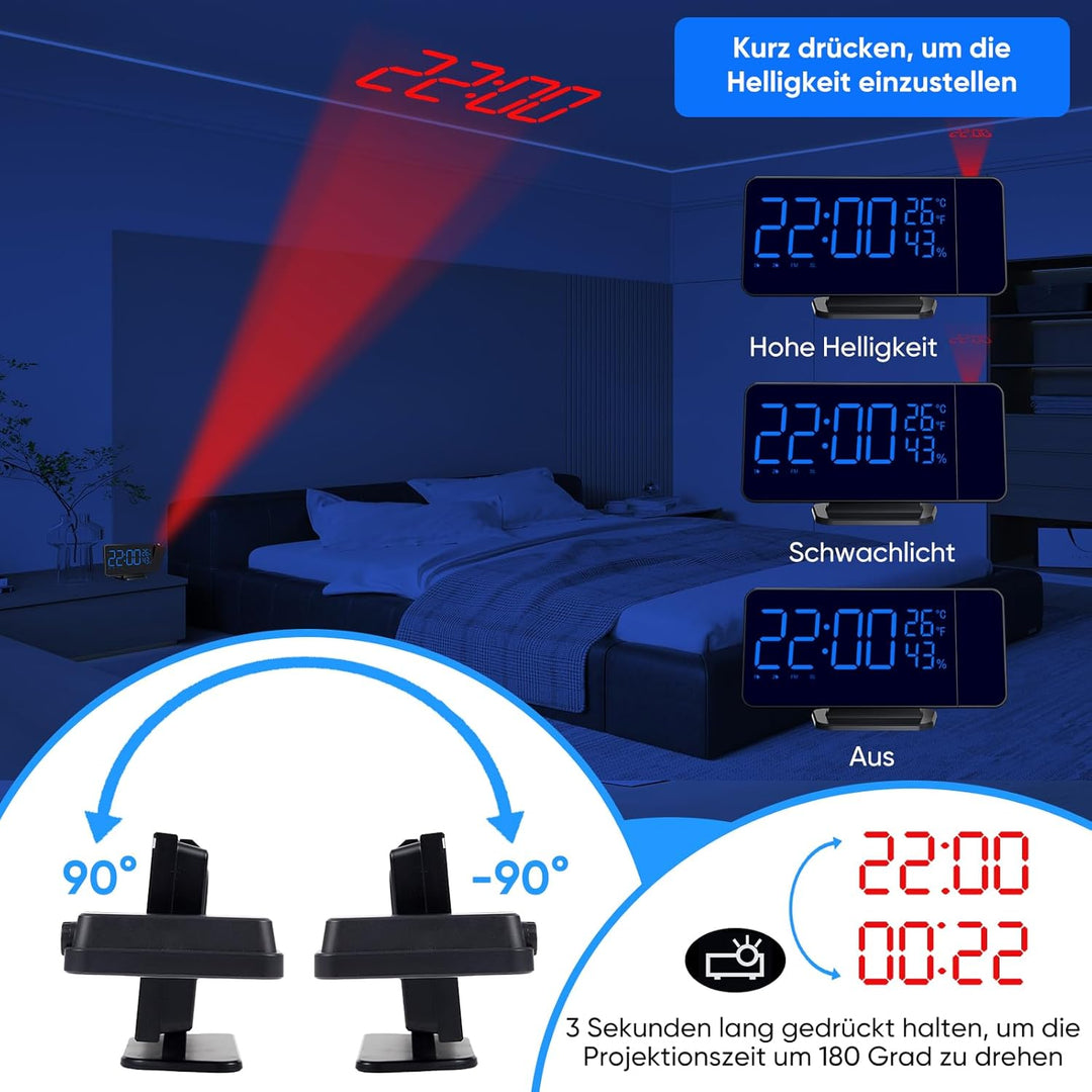 Projektionswecker Radiowecker mit 4 Stufen Bildschirmhelligkeit Digitalwecker mit 12 / 24H Projektio