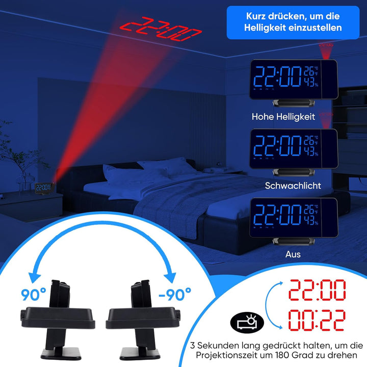 Projektionswecker Radiowecker mit 4 Stufen Bildschirmhelligkeit Digitalwecker mit 12 / 24H Projektio