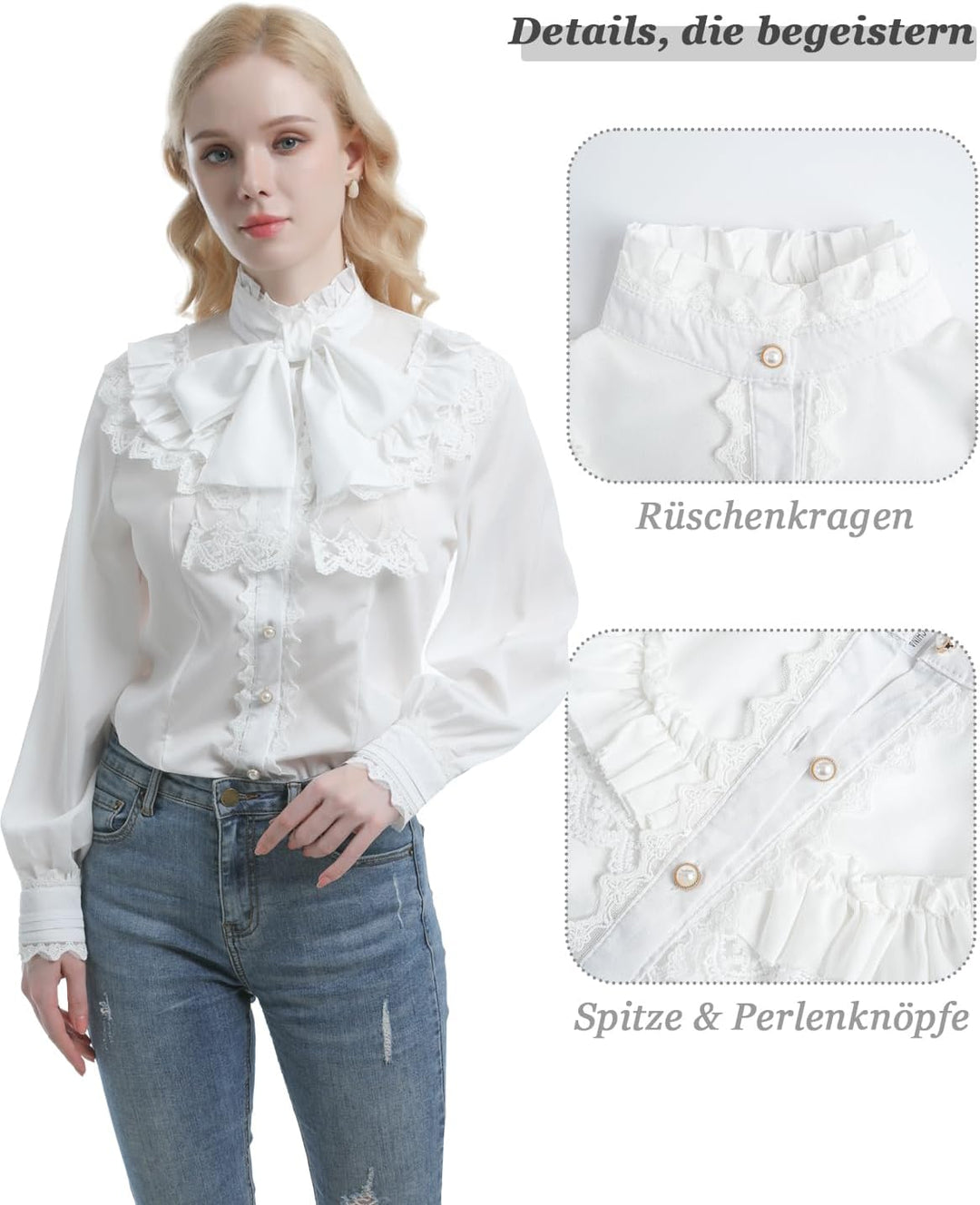 Fiamll Damen Viktorianisch Bluse Vintage Schleifenhemd Stehkragen mit Rüschen Langarmshirt Mittelalt