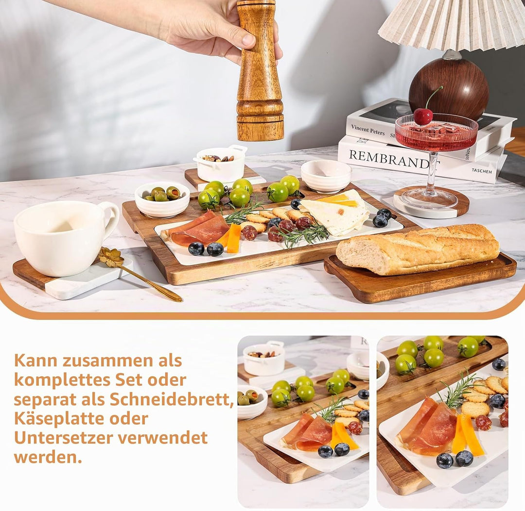 Schieferplatte Servierplatte Für Steak, Akazienholz Servierplatte mit 2 Dipschale und Fächern | Rust