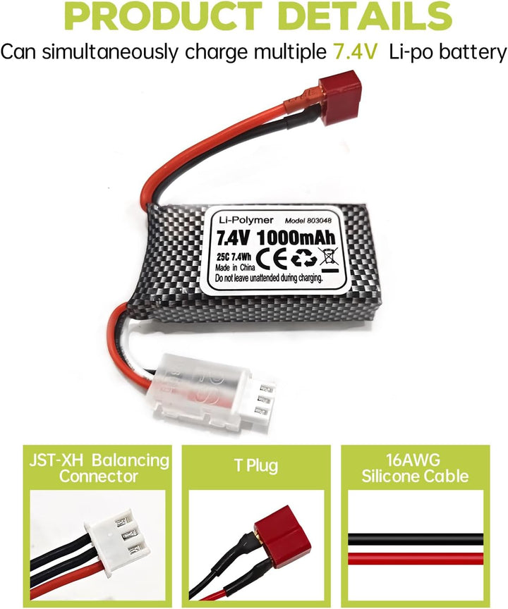 2PCS 7,4V 1000mAh T-Stecker-AKKU+ 2-in-1-Ladegerät für 18858 18859 18859A 18859E HM163 HM164 35-DJ03