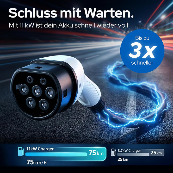 EVify Typ 2 Ladekabel 11kW 5M 16A für Elektroauto & Hybrid inkl. Kabeltasche • Kabel 3 phasig für EV