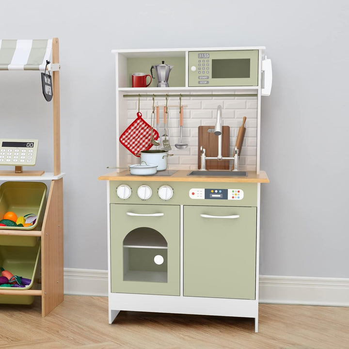 Teamson Kids Küche Für Kinder Aus Holz Little Chef Boston mit Interaktiven Funktionen &amp; 9 Kochzubehö
