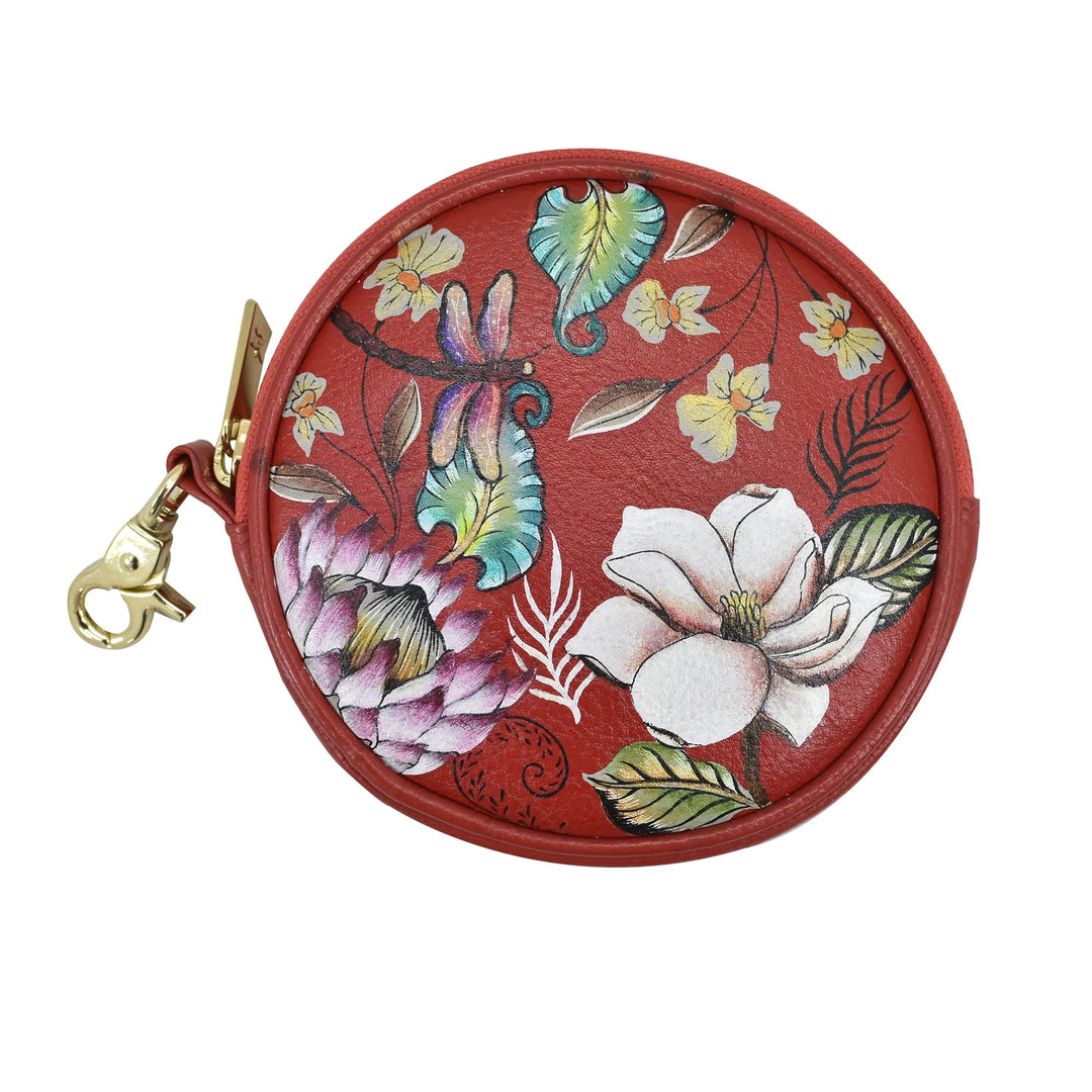 Anuschka Münzbeutel aus Echtleder, handbemalt, Rund - Crimson Garden, Crimson Garden