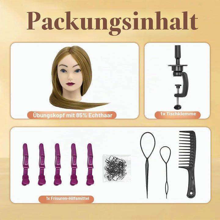 Yofuly 22Zoll / 56cm Frisierkopf, 85% Echthaar Übungskopf, Frisieren Trainingsköpfe Puppenkopf Frise