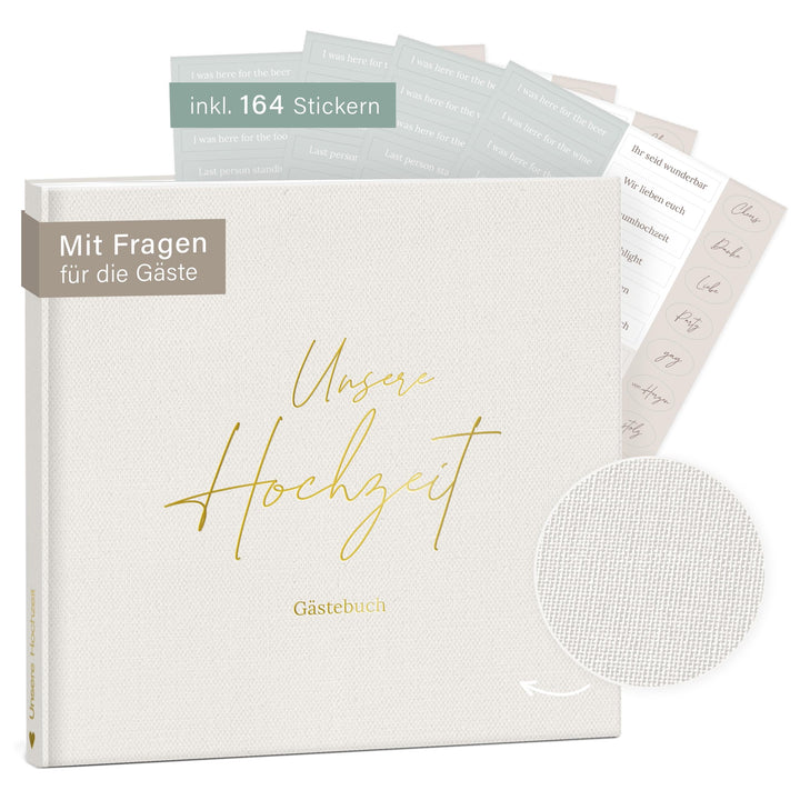 mintkind® Gästebuch Hochzeit zum Ausfüllen Offwhite inkl. 4 Stickerbögen | 84 Seiten mit Fragen für