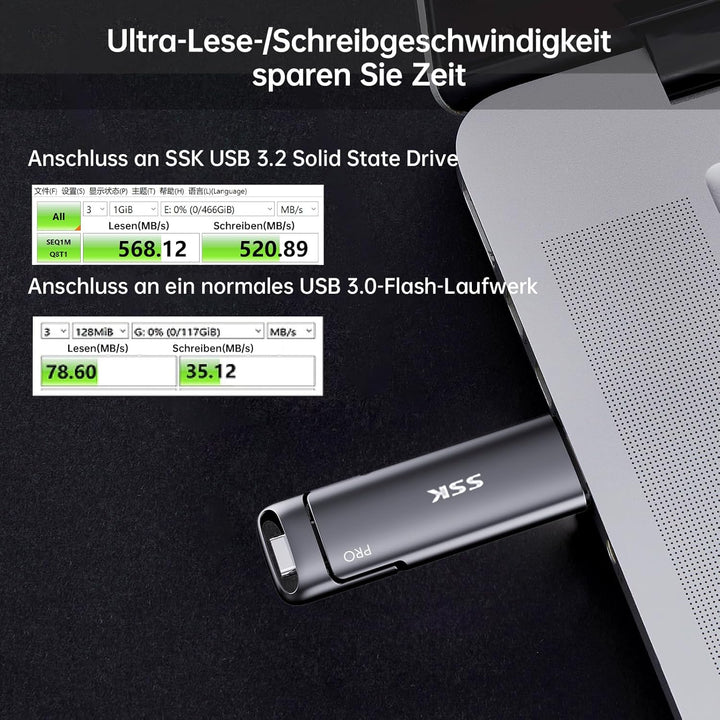 SSK USB C Externe SSD 128GB, mit bis zu 550 MB/s Extreme schneller USB-Stick, Dual-USB Typ C + USBA