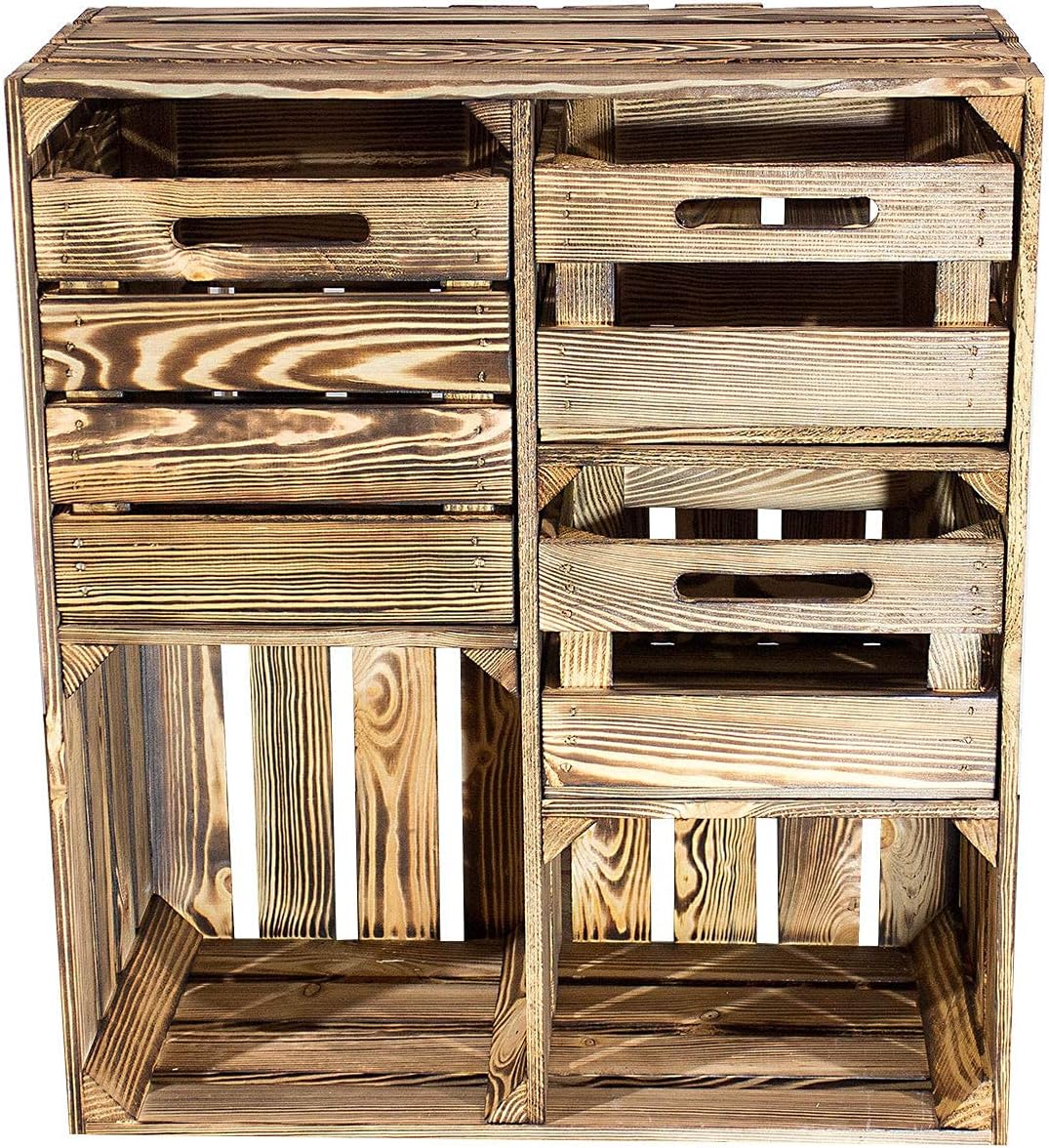 Grosses Vintage Holzregal mit fünf Fächern, Holzkiste neu, 68x35x77cm (Geflammt mit Schubladen)