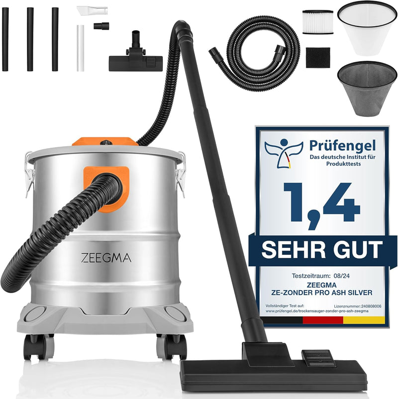 Zeegma ZONDER PRO ASH Trockensauger für Asche und Schutt, Industriestaubsauger 1600W, Edelstahlbehäl