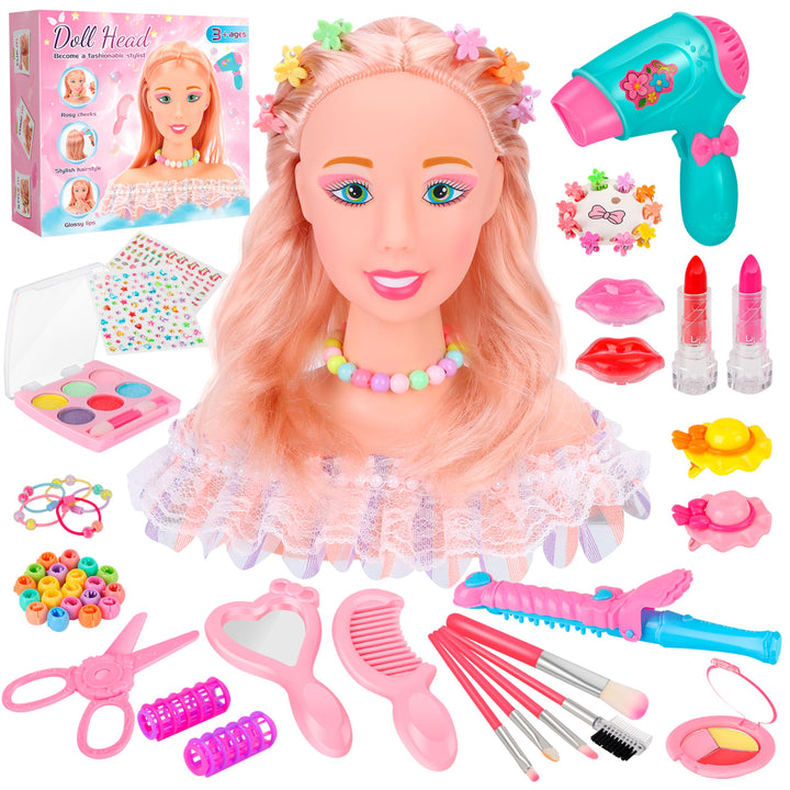 MOMOSTAR 58 Stück Frisierkopf Kinder Set, Schminkkopf für Mädchen, Puppenkopf Zum Frisieren Kinder m