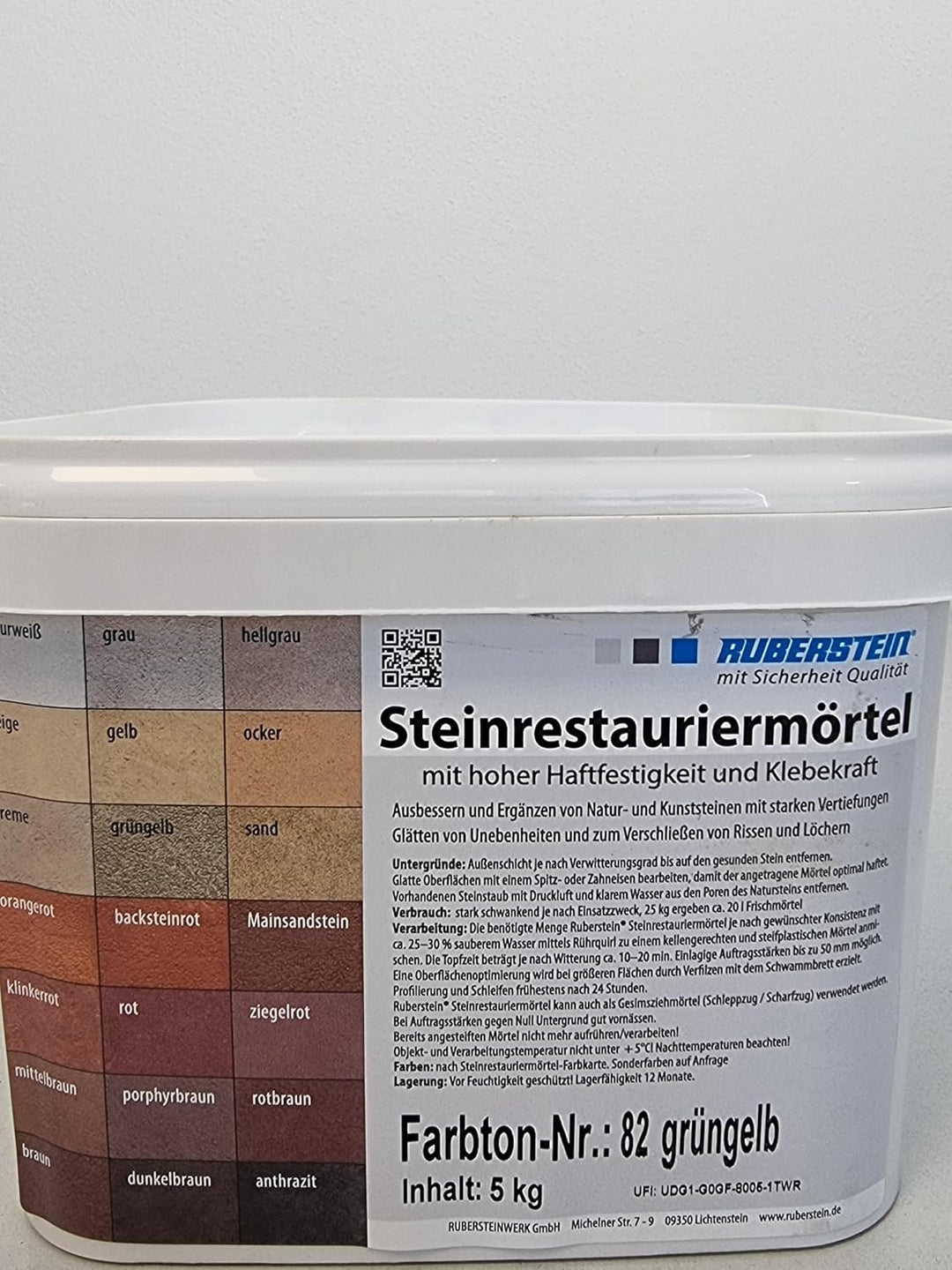 Ruberstein Steinrestauriermörtel/Reparaturmörtel/Mörtel für Sandstein 5 kg im Eimer (grüngelb)