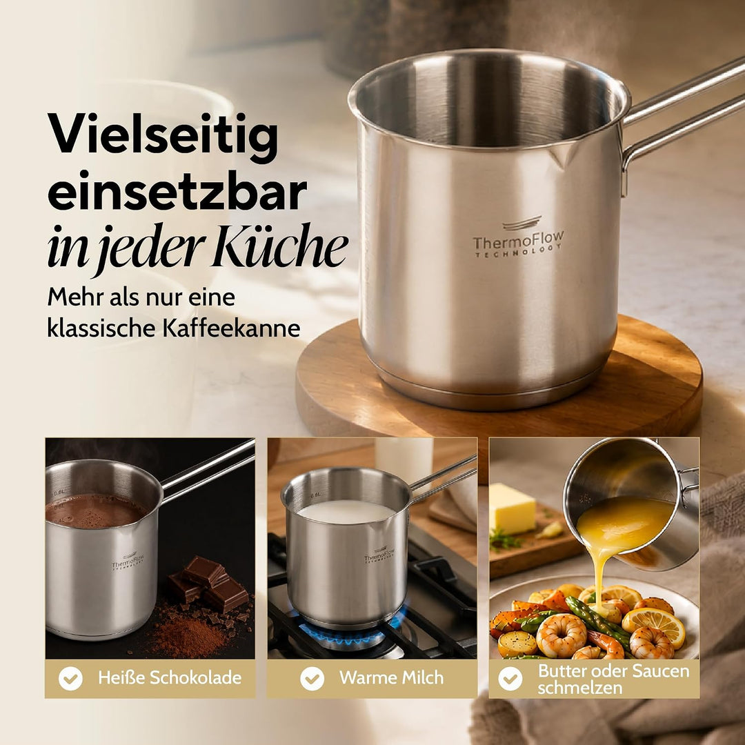 ROSMARINO Edelstahl-Induktions-Mokka-Kanne 1225 ml - model - 2025 - Moderne Türkische Cezve-Kaffeeka