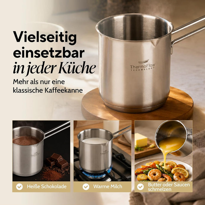 ROSMARINO Edelstahl-Induktions-Mokka-Kanne 1225 ml - model - 2025 - Moderne Türkische Cezve-Kaffeeka