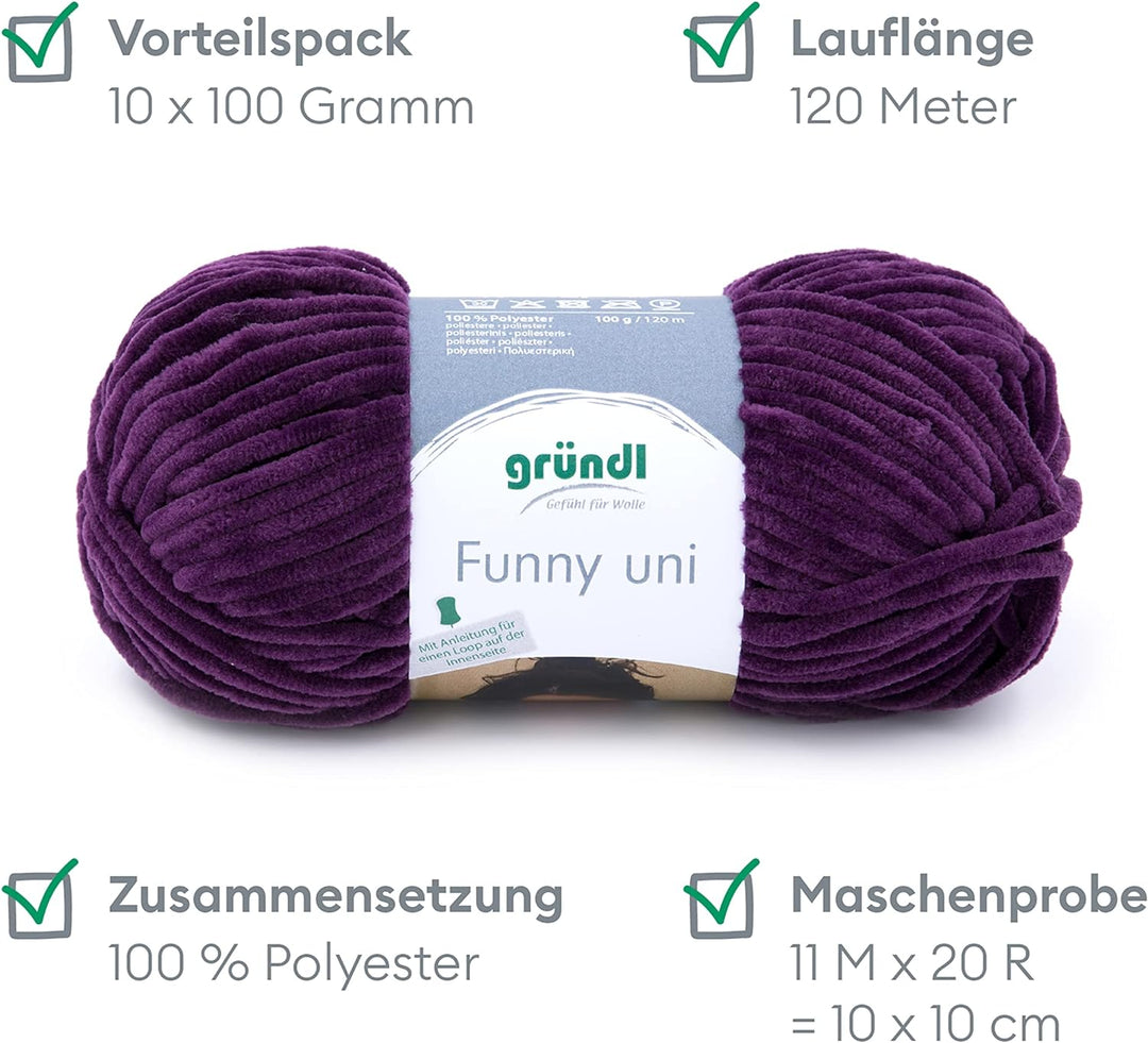 Gründl Funny uni Strick- &amp; Häkelgarn (samtartiges Chenille-Garn aus 100 % Polyester, 10 x 100 g / 12