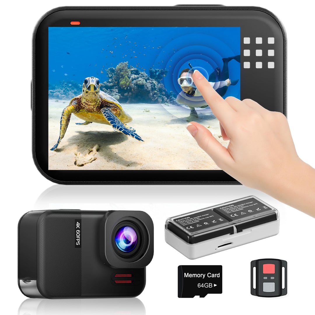 TIMNUT 4K60fps Touchscreen Action Cam, Unterwasserkamera mit 64G SD Karte 48MP WiFi Kamera 8X Zoom,
