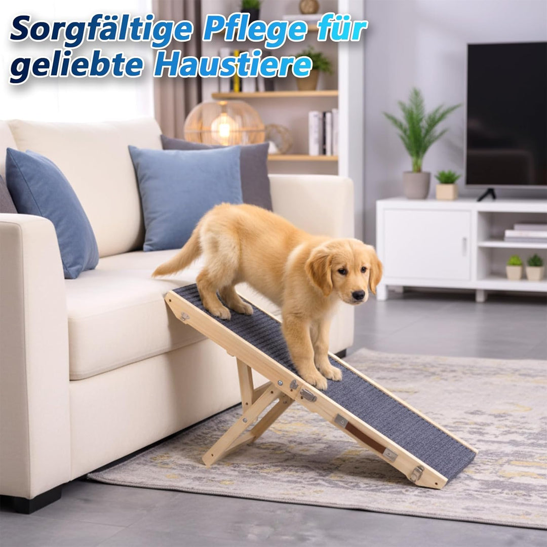 Hunderampe aus Holz, Hundetreppe 4 Stufen Verstellbar 24.5cm bis 45cm, Hunderampe mit Anti-Rutsch-Pa