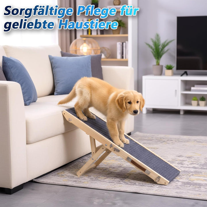Hunderampe aus Holz, Hundetreppe 4 Stufen Verstellbar 24.5cm bis 45cm, Hunderampe mit Anti-Rutsch-Pa