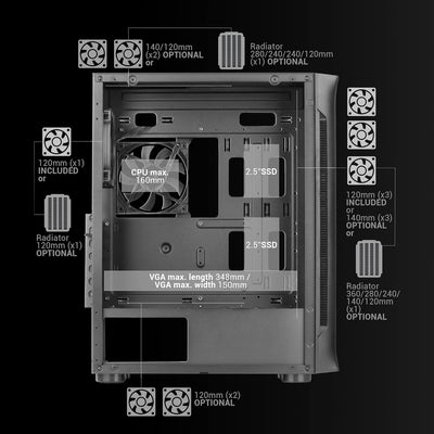 Mars Gaming MC-NEO Schwarz, XXL E-ATX Gaming Tower, Gehärtetes Glas Seiten und Frontfenster, 4X ARGB