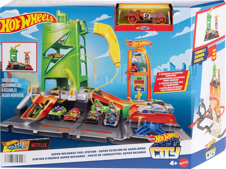 Hot Wheels Let's Race Netflix - City Superladung Tankstelle-Spielset mit Ladestationen für Elektrofa