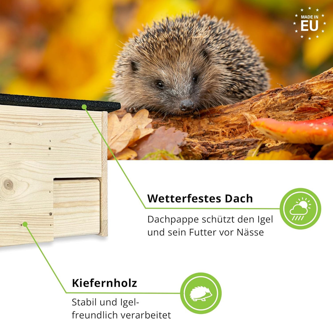 GARTENETAGE Igel-Futterhaus wetterfest mit Rattenklappen – Futterstation für Igel aus Holz mit Schut