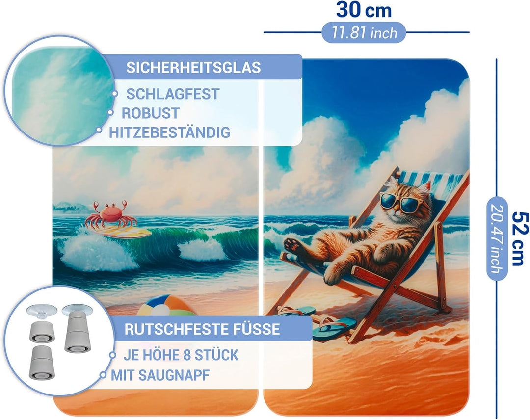 WENKO Herdabdeckplatte Universal Mod. Katze am Strand, höhenverstellbar für alle Herdarten, Schneide