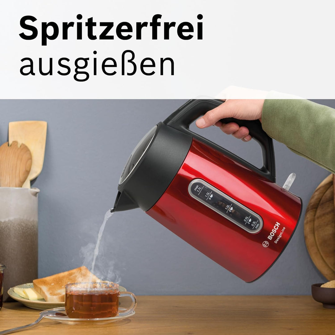 Bosch kabelloser Wasserkocher DesignLine TWK4P434, Ausgiessen ohne Spritzer, Tassenanzeige, Wasserst