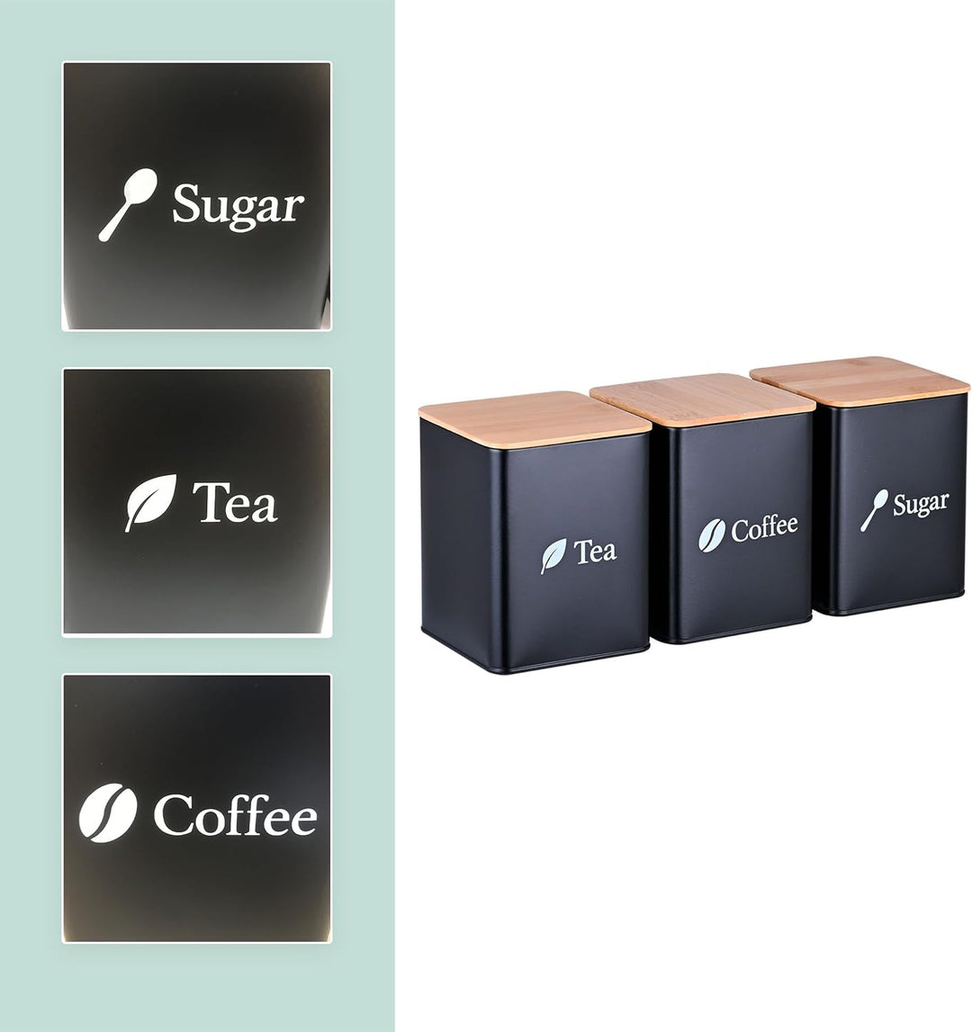Relaxdays Vorratsdosen, 3er Set, Kaffee, Tee, Zucker, Metall, Bambusdeckel, HBT: 15x11x11 cm, Küchen