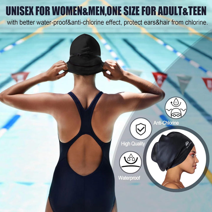 Alepo Extra Large Badekappe Damen Herren, Schwimmkappe Lange Haare Langlebige Silikon mit Ohrschutz,