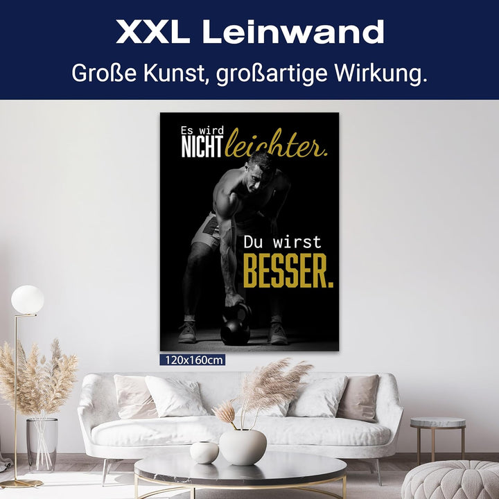wandmotiv24 Motivations Motiv als Leinwandbild, 60x45cm, Hochformat, Motivation, Besser, Hantel, Fit