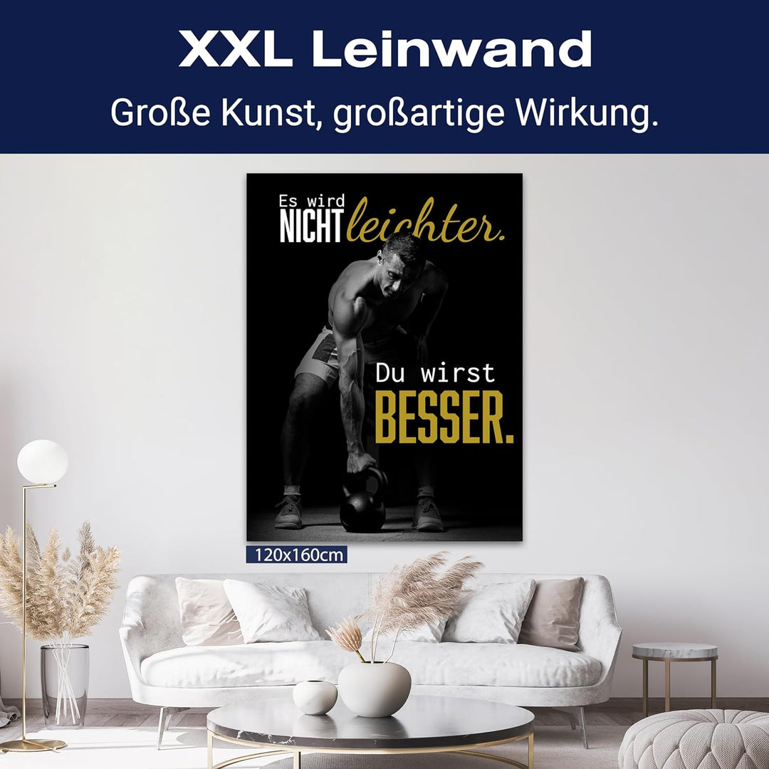 wandmotiv24 Motivations Motiv als Leinwandbild, 80x60cm, Hochformat, Motivation, Besser, Hantel, Fit