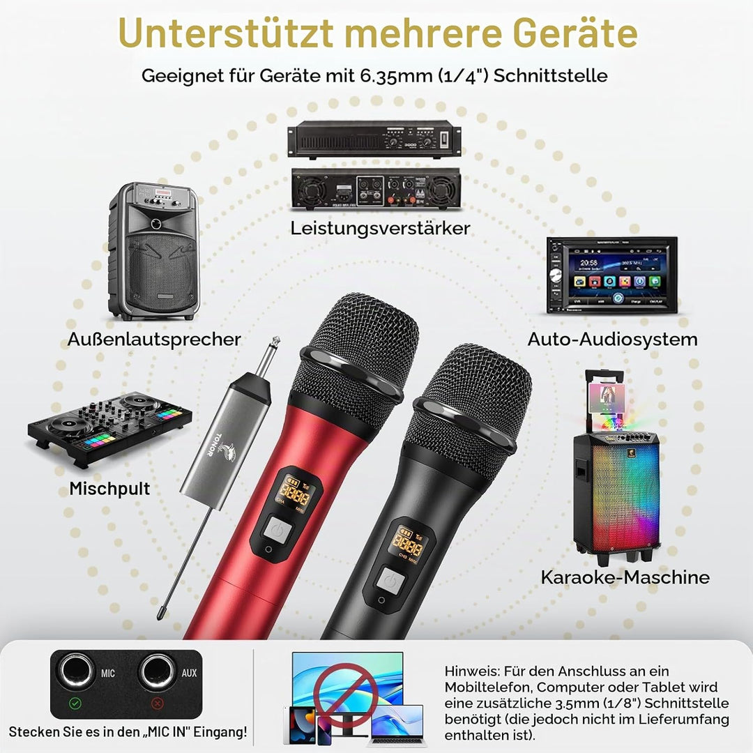 TONOR Drahtloses Mikrofon, UHF Dual Kabelloses Metall Dynamisches Mikro System mit wiederaufladbarem