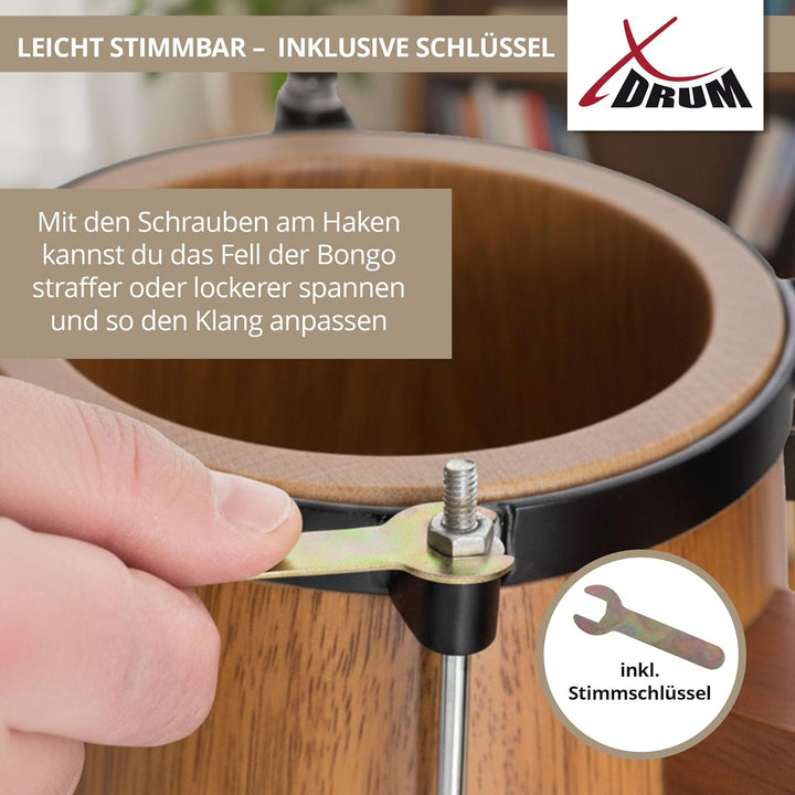 XDrum Bongos Club - 6" Macho und 7" Hembra - Naturfelle - professionelles Stimmsystem - Schwarz sati