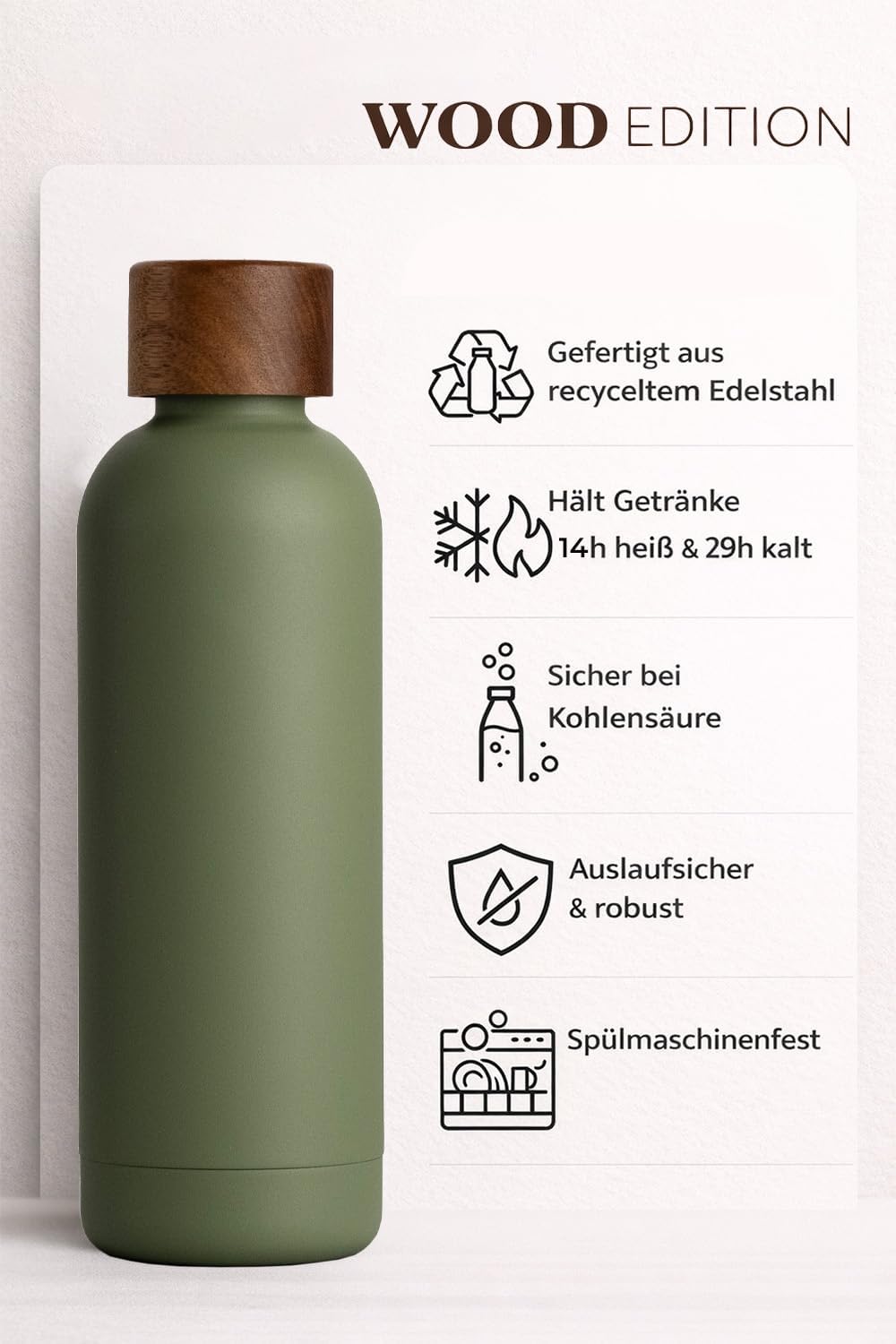 T&N Edelstahl Trinkflasche 500ml, Thermosflasche 0.5l mit Akazienholz Deckel, Isolierte Wasserflasch