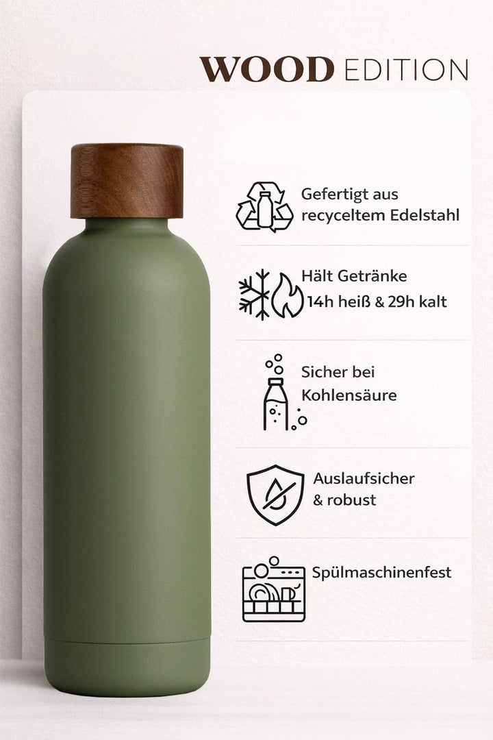 T&N Edelstahl Trinkflasche 500ml, Thermosflasche 0.5l mit Akazienholz Deckel, Isolierte Wasserflasch
