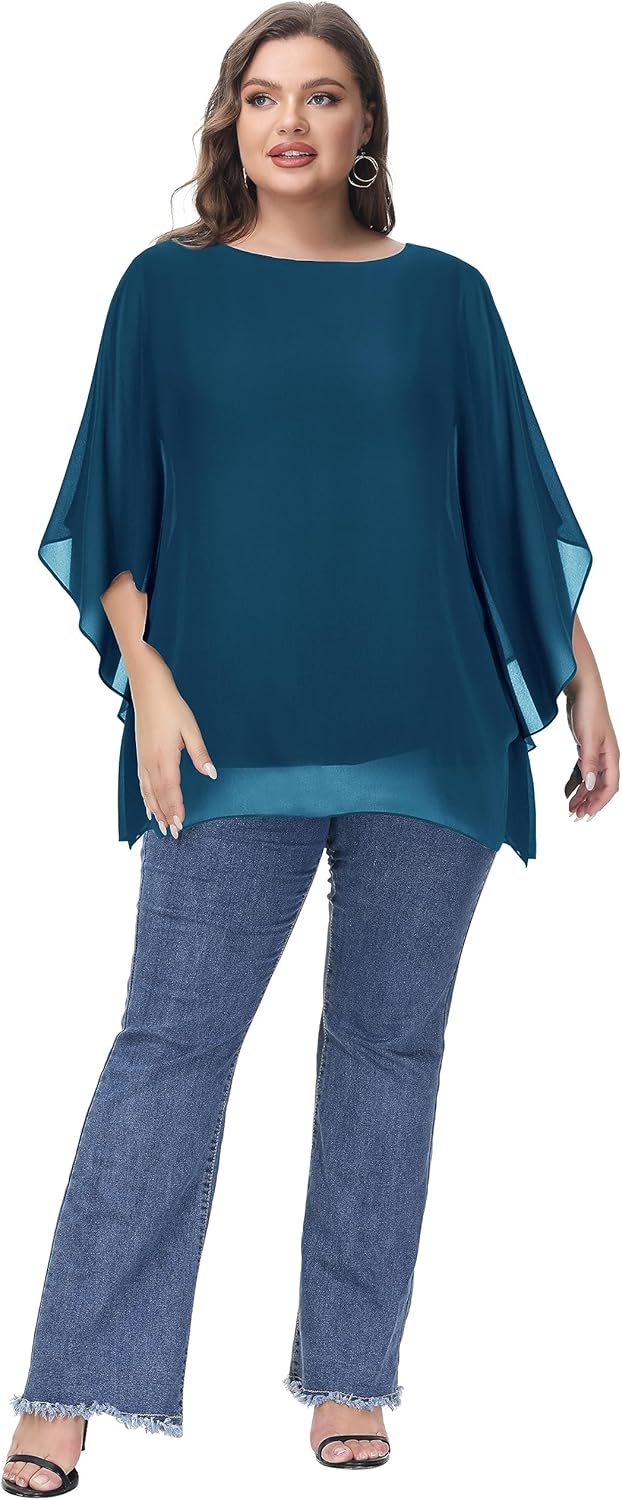 Hanna Nikole Damen Grosse Grössen Chiffon Blusen Elegant Fledermaus Hemd Doppellagige Tops Lose Long