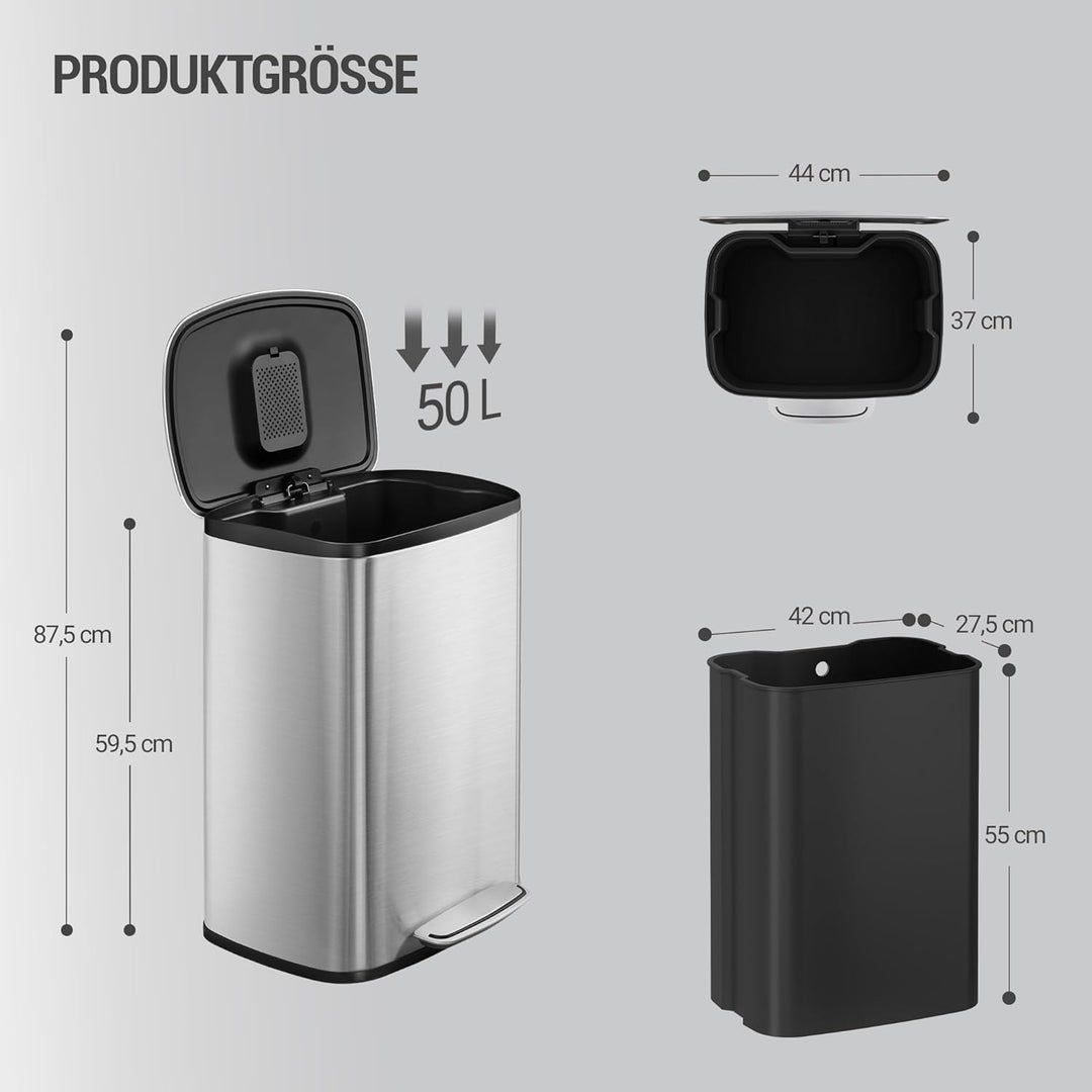 Hzuaneri Mülleimer Küche, 50 Liter Abfalleimer mit Tretpedal, Tretmülleimer mit Softclose-Deckel und