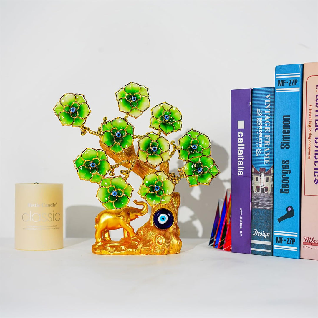 YU FENG Türkischer blauer böser Blick, goldener Glücksbaum mit Elefantenfigur und grünen Blumen für
