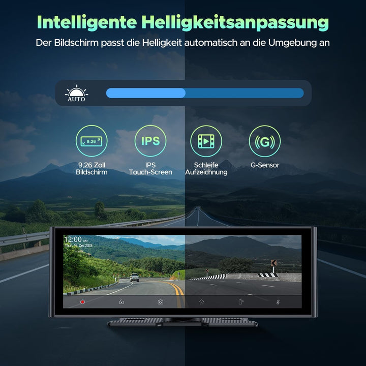 Lamto Autoradio für Apple Carplay Android Auto mit Dashcam Vorne Hinten 4K+1080P, 9,26 Zoll Tragbare